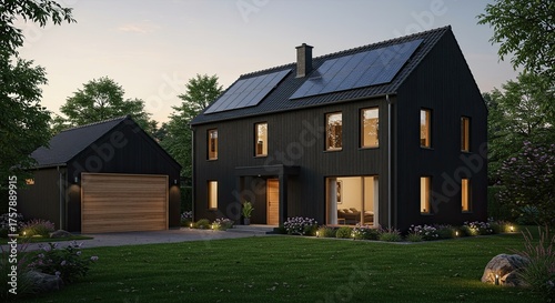 Modern black house with solar panels on the roof and lush green garden landscape design showcases