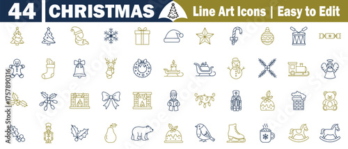 Christmas Holiday Line Art Vector Illustrations: Detailed Festive Icons for Creative Projects, Winter Season Designs with Elegant Line Work and Simple Customization.