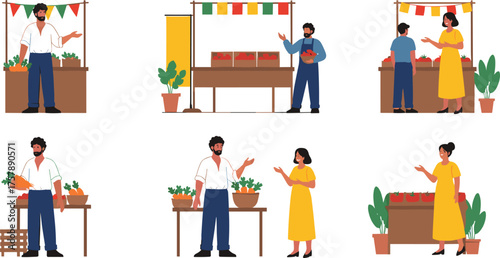 Farmers’ Market Illustration Featuring People Buying and Selling Vegetables, Engaging in Conversation, and Displaying Produce in Outdoor Booths