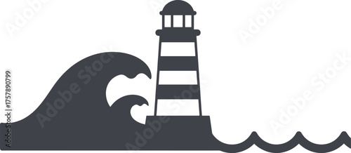 Black and White Lighthouse with Wave on Ocean Scene