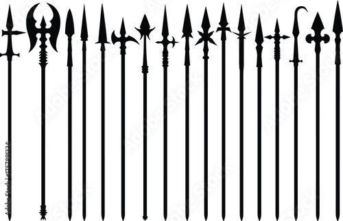 Medieval polearm weapon silhouettes with ornate blades, spears, axes, hooks and ceremonial designs in black vector for historical combat themes