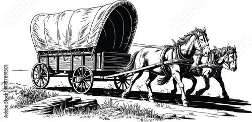 Covered wagon illustration, pioneer transport scene, horses pulling cart, frontier travel concept, historical drawing, wild west journey, rural landscape sketch