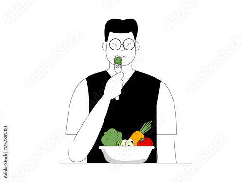Man forces himself to eat vegetables. Vegetarian illustration. Flat vector illustration.