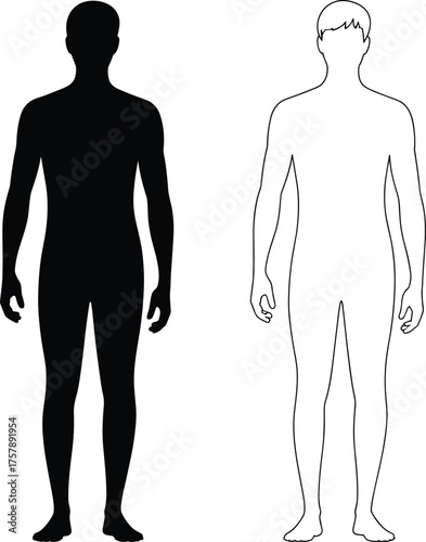 Human silhouette comparison, black and outline figures, front view posture, anatomy reference design, body shape study, medical fashion illustration concept