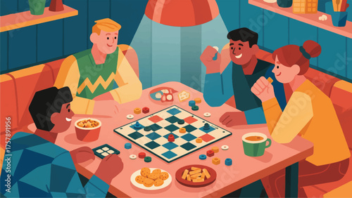 Illustration Of Friends Playing A Board Game At A Cozy Board Game Cafe, With Game Pieces And Snacks Scattered On The Table Vector Design Template