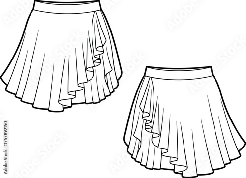 Pleated skirt fashion sketch, asymmetrical ruffle detail, flared silhouette, front and back view, CAD drawing, flat vector illustration, garment template