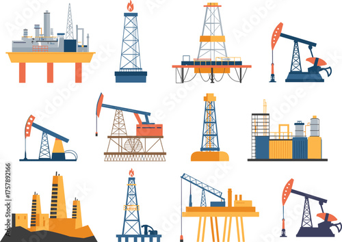 Oil rig icon set, drilling platform illustrations, refinery structure graphics, petroleum industry tools, energy production visuals, fossil fuel concept, industrial design