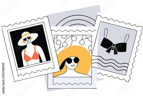 Stylized illustrations of women in swimwear and beach accessories presented as vintage photographs isolated on transparent background