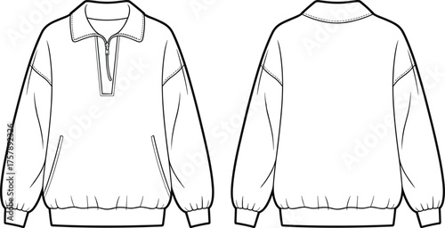 Quarter zip pullover sketch, dropped shoulder design, side pockets, ribbed cuffs and hem, front and back view, CAD drawing, flat vector illustration