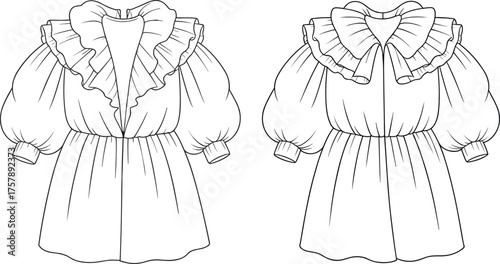 Ruffled dress fashion sketch, puff sleeve design, V-neck front, cinched waist, front and back view, CAD drawing, flat vector illustration, garment template