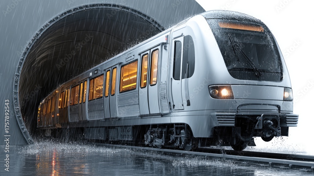Naklejka premium Subway Train Emerging: A modern subway train emerges from a dark tunnel, its sleek design and advanced engineering evident in the interplay of light and shadow.