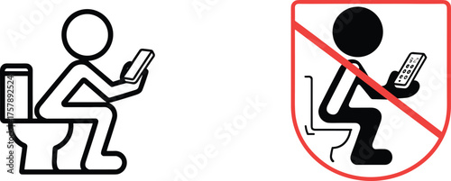 Toilet phone use illustration, mobile device prohibition sign, restroom behavior graphic, public etiquette icon, humorous concept, hygiene awareness design