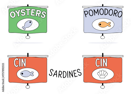 Four cartoon banners advertising seafood and canned fish products with text and simple illustrations isolated on transparent background