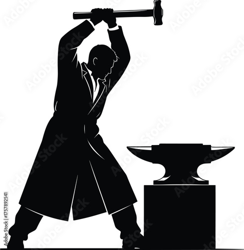 Silhouette of a strong blacksmith striking metal on anvil with hammer, industrial craftsman working in vintage workshop vector illustration
