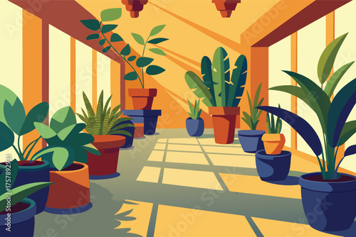 Stylized indoor greenhouse with various potted plants and warm sunlight casting shadows on transparent background isolated on transparent background