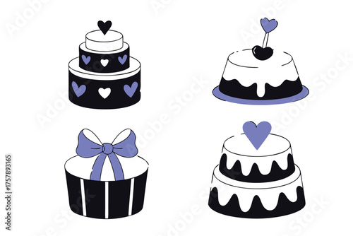 Collection of stylized cakes and a cupcake with hearts and a bow isolated on transparent background