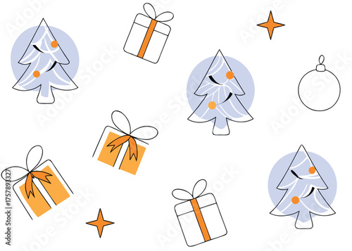 Whimsical christmas elements including decorated trees gift boxes stars and baubles isolated on transparent background