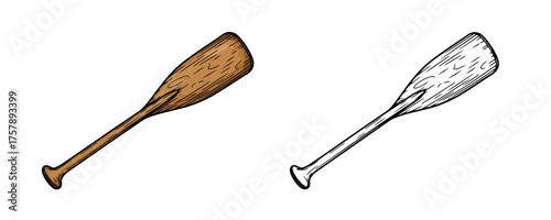 Single traditional wooden boat paddle or oar in brown colors colored and outline drawing vector illustration for boating and water sport