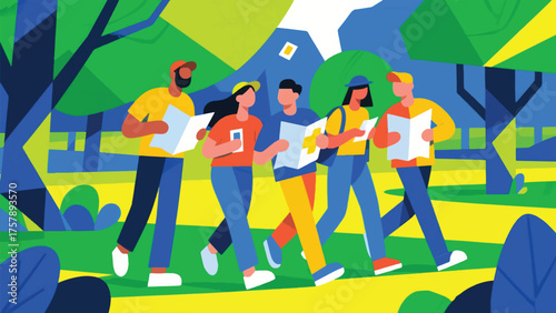 Illustration Of Group Of Friends Doing A Scavenger Hunt In A Park, With Maps And Clues Vector Design Template