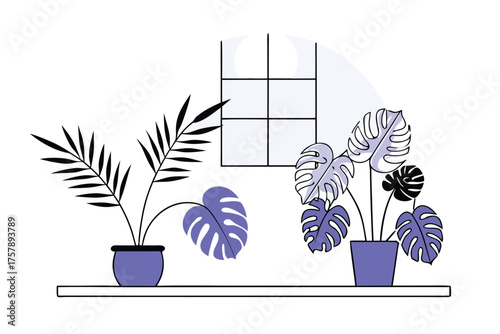 Stylized illustration of indoor potted plants including a palm and monstera next to a window isolated on transparent background