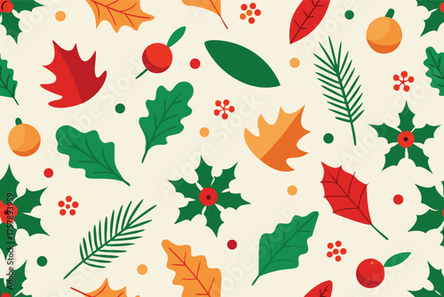 Festive christmas and autumnal foliage pattern with holly berries and ornaments isolated on transparent background