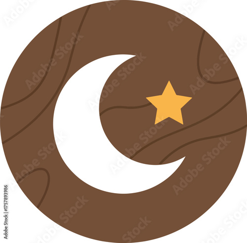 Wooden Circular Night Sky Emblem with Moon and Star in Cartoon Style