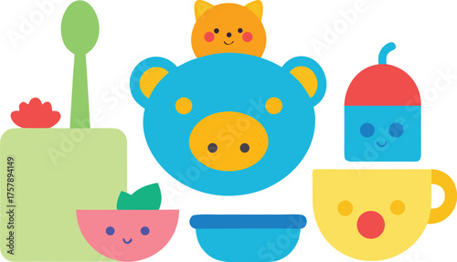 Cute cartoon baby feeding set with bear pig cup and bowl isolated on transparent background