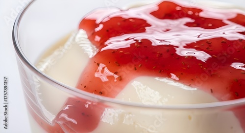 A close-up shot of strawberry sauce dripping over creamy cheesecake. The glossy texture and vibrant red color create an appetizing visual emphasizing freshness and rich sweetness.