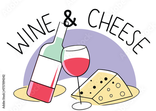 Whimsical illustration of a wine bottle and glass with cheese wedge and text wine and cheese isolated on transparent background