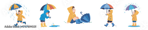 Vector illustration set of a cheerful boy in a raincoat playing on a rainy day
