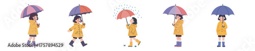 Girl with umbrella in different poses with rain and water drops illustration