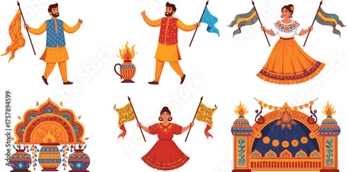 Indian festival celebration with traditional dancers, flags, fire pots, and ornate structures, showcasing cultural joy, rituals, and vibrant heritage