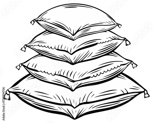 Stacked Black and White Pillows Illustration, Cozy Bedding, Comfort Concept