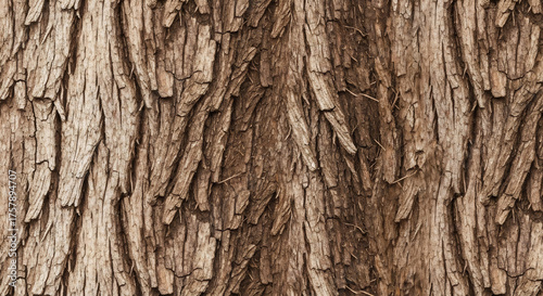 Closeup of rough tree bark Vertical lines and ridges dominate Brown and tan colors