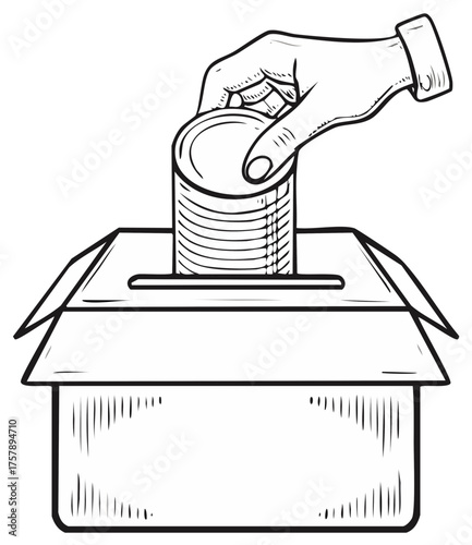 Hand dropping stack of coins into donation box sketch