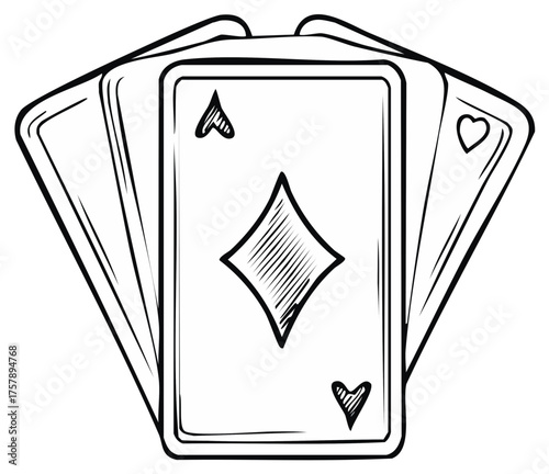 Stylized Ace Diamond Heart Spade Playing Cards Black and White Line Art Hand Drawn Design Elements