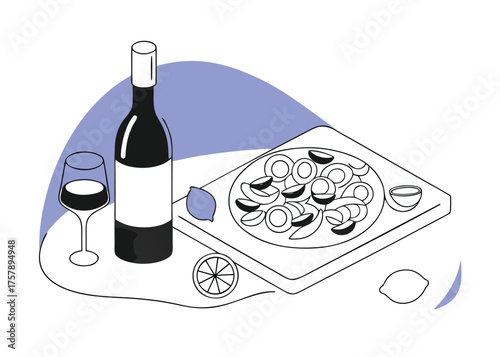 A bottle of wine and a glass of red wine next to a platter of sliced fruit and lemon slices isolated on transparent background