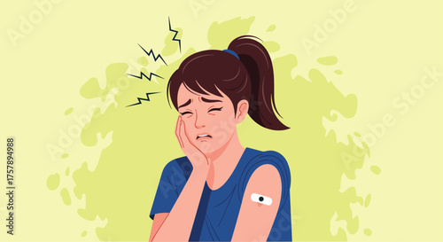 Illustration of a woman feeling unwell after receiving an injection or vaccination.