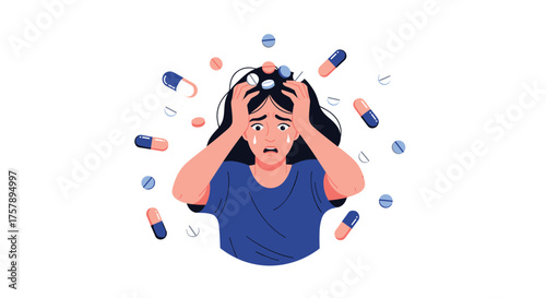 Overwhelmed woman surrounded by falling pills and capsules.
