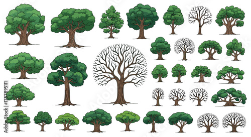 A diverse collection of pixel art trees in various sizes and styles including deciduous and evergreen.