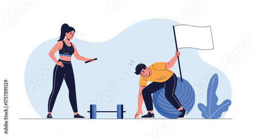 A fitness trainer guides a man through a tough workout routine with equipment.