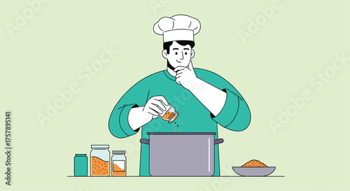 A thoughtful chef carefully seasons a pot of food while preparing a meal.