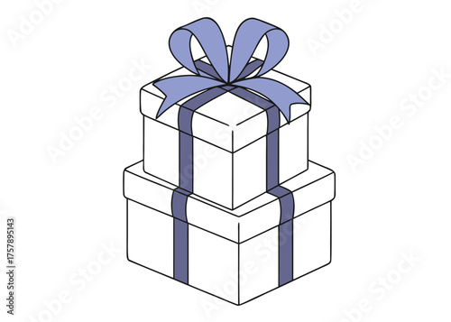 Two stacked white gift boxes tied with a blue ribbon and bow isolated on transparent background