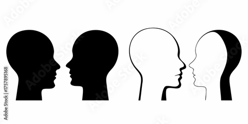 Two pairs of human head silhouettes facing each other in black and white contrast