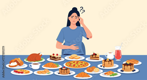 Pregnant woman with many food options feeling confused.