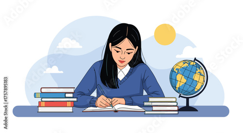 A young student diligently studies her books on a table with a globe beside her.