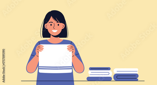 A woman is holding a blank sheet of paper while standing next to neatly folded clothes.