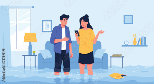 Young couple distressed about their flooded living room with water damage after heavy rain.