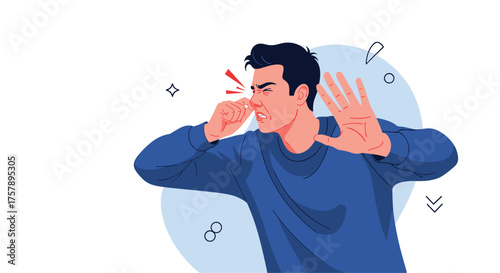 A man signals to be quiet and covers his nose from a bad smell.