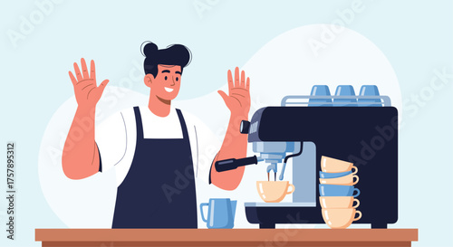A cheerful barista making espresso with a professional coffee machine for customers.